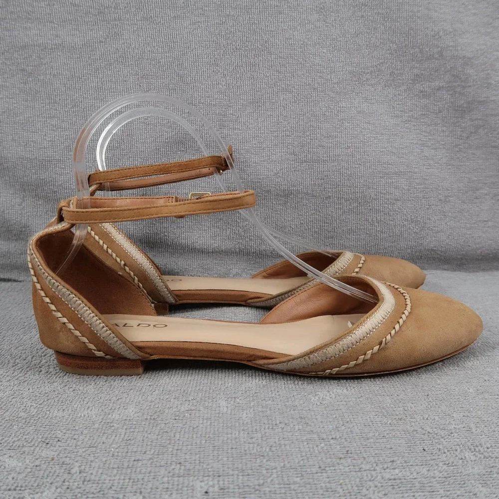 Aldo Womens 7 Brown Ankle Strap Almond Closed Toe Flats